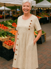 Roswen | Damen Gestreiftes Kurzarm Midikleid mit Knöpfen – Beige