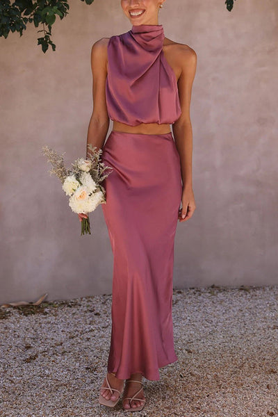 Elegantes Satin-Zweiteiler-Set – Neckholder-Top & Maxi-Rock