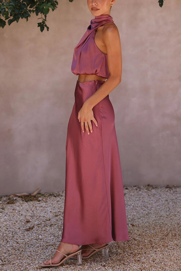 Elegantes Satin-Zweiteiler-Set – Neckholder-Top & Maxi-Rock