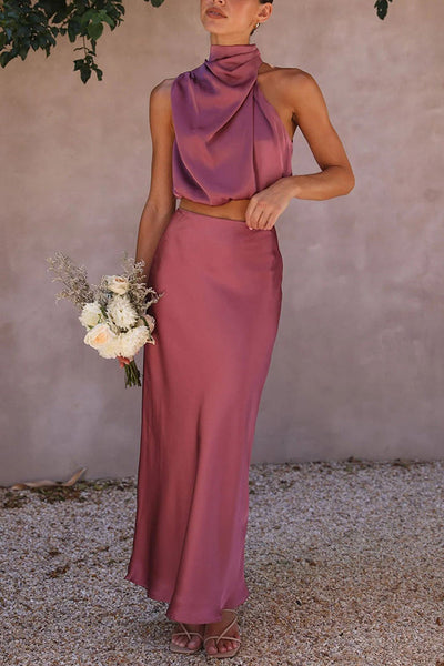 Elegantes Satin-Zweiteiler-Set – Neckholder-Top & Maxi-Rock