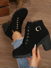 Schnürstiefel Damen mit Schnalle – Schwarz
