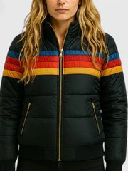 Sigvild | Damen Steppjacke Retro Streifen Winterjacke – Schwarz