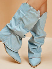 Stiefel Damen Mit Gerafftem Schaft und Blockabsatz – Denim