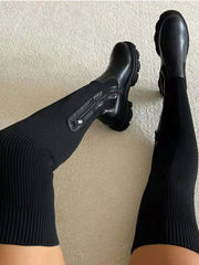 Elfriede | Stiefel Damen Overknee Plateau Stretch-Oberschenkelhohe Boots – Schwarz