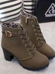 Nora | Stiefel Damen Schnürstiefeletten Blockabsatz Wildleder-Optik – Armeegrün