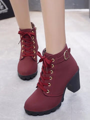 Nora | Stiefel Damen Schnürstiefeletten Blockabsatz Wildleder-Optik – Rot