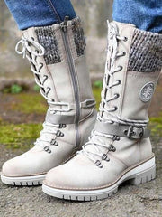 Hannah | Stiefel Damen Wasserfeste Schnürstiefel Kunstleder Strickschaft Schnalle – Weiß
