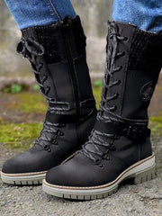 Hannah | Stiefel Damen Wasserfeste Schnürstiefel Kunstleder Strickschaft Schnalle – Schwarz