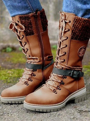 Hannah | Stiefel Damen Wasserfeste Schnürstiefel Kunstleder Strickschaft Schnalle – Braun