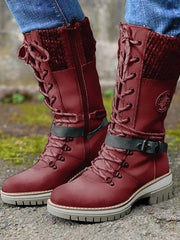 Hannah | Stiefel Damen Wasserfeste Schnürstiefel Kunstleder Strickschaft Schnalle – Rot