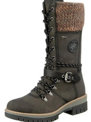 Hannah | Stiefel Damen Wasserfeste Schnürstiefel Kunstleder Strickschaft Schnalle – Grün
