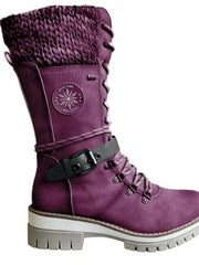Hannah | Stiefel Damen Wasserfeste Schnürstiefel Kunstleder Strickschaft Schnalle – Violett
