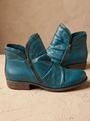 Katharina | Stiefeletten Damen Gefältelte Leder-Optik Reißverschluss Ankle Boots – Blau