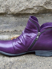 Katharina | Stiefeletten Damen Gefältelte Leder-Optik Reißverschluss Ankle Boots – Lila