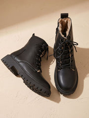 Elfriede | Stiefeletten Damen Gefütterte Schnür-Ankle-Boots PU-Leder Reißverschluss – Schwarz