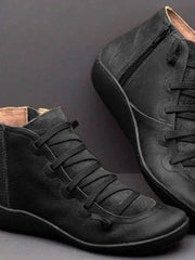 Leonie | Stiefeletten Damen Kunstleder Schnürung Seitlichem Reißverschluss Knöchelhohe Boots – Schwarz