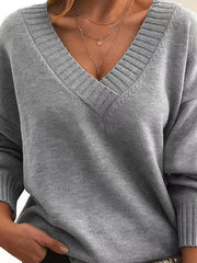 Katharina | Strickpullover Damen Weicher V-Ausschnitt Oversized Longpullover – Grau