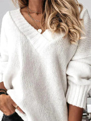 Katharina | Strickpullover Damen Weicher V-Ausschnitt Oversized Longpullover – Weiß