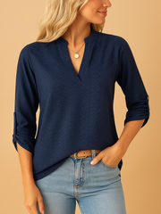 Damenbluse mit V-Ausschnitt und langen Ärmeln – Marineblau