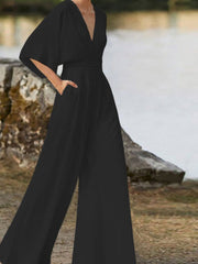 Damen-Jumpsuit mit V-Ausschnitt aus Baumwollmischung – Schwarz