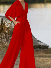 Damen-Jumpsuit mit V-Ausschnitt aus Baumwollmischung – Rot