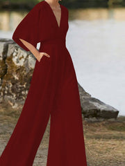 Damen-Jumpsuit mit V-Ausschnitt aus Baumwollmischung – Weinrot