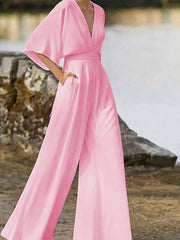 Damen-Jumpsuit mit V-Ausschnitt aus Baumwollmischung – Pink