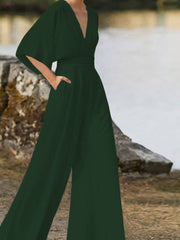 Damen-Jumpsuit mit V-Ausschnitt aus Baumwollmischung – Grün
