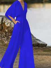 Damen-Jumpsuit mit V-Ausschnitt aus Baumwollmischung – Blau