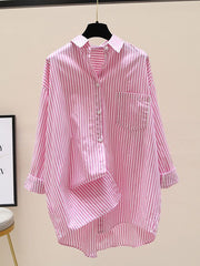 Venka | Damen Gestreiftes Oversize Hemd Langarm – Rosa