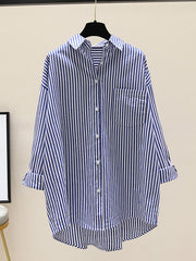Venka | Damen Gestreiftes Oversize Hemd Langarm – Blau