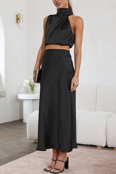 Elegantes Satin-Zweiteiler-Set – Neckholder-Top & Maxi-Rock