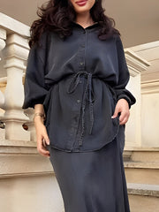 Damen-Zweiteiler: Bluse und Rock mit Bindeband – Schwarz