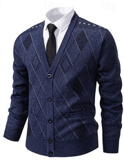 Wendric | Herren Strickjacke Rautenmuster V-Ausschnitt – Marineblau
