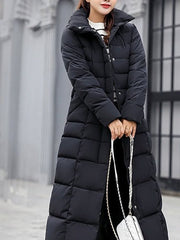 Nora | Wollmantel Damen Langer Gesteppter Wintermantel mit Fellkapuze – Schwarz