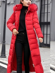 Nora | Wollmantel Damen Langer Gesteppter Wintermantel mit Fellkapuze – Rot